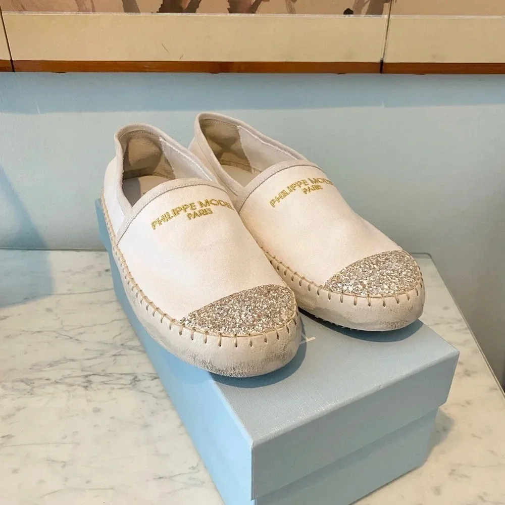 NEW Philippe Model Paris Marseille Canvas Gold Glitter Toe Espadrilles Size 41